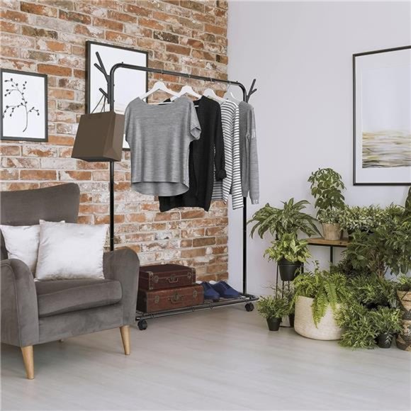 Simple Houseware Industrial Style Garment Rack With Wheels And Hooks, Black - Picture 4 of 6